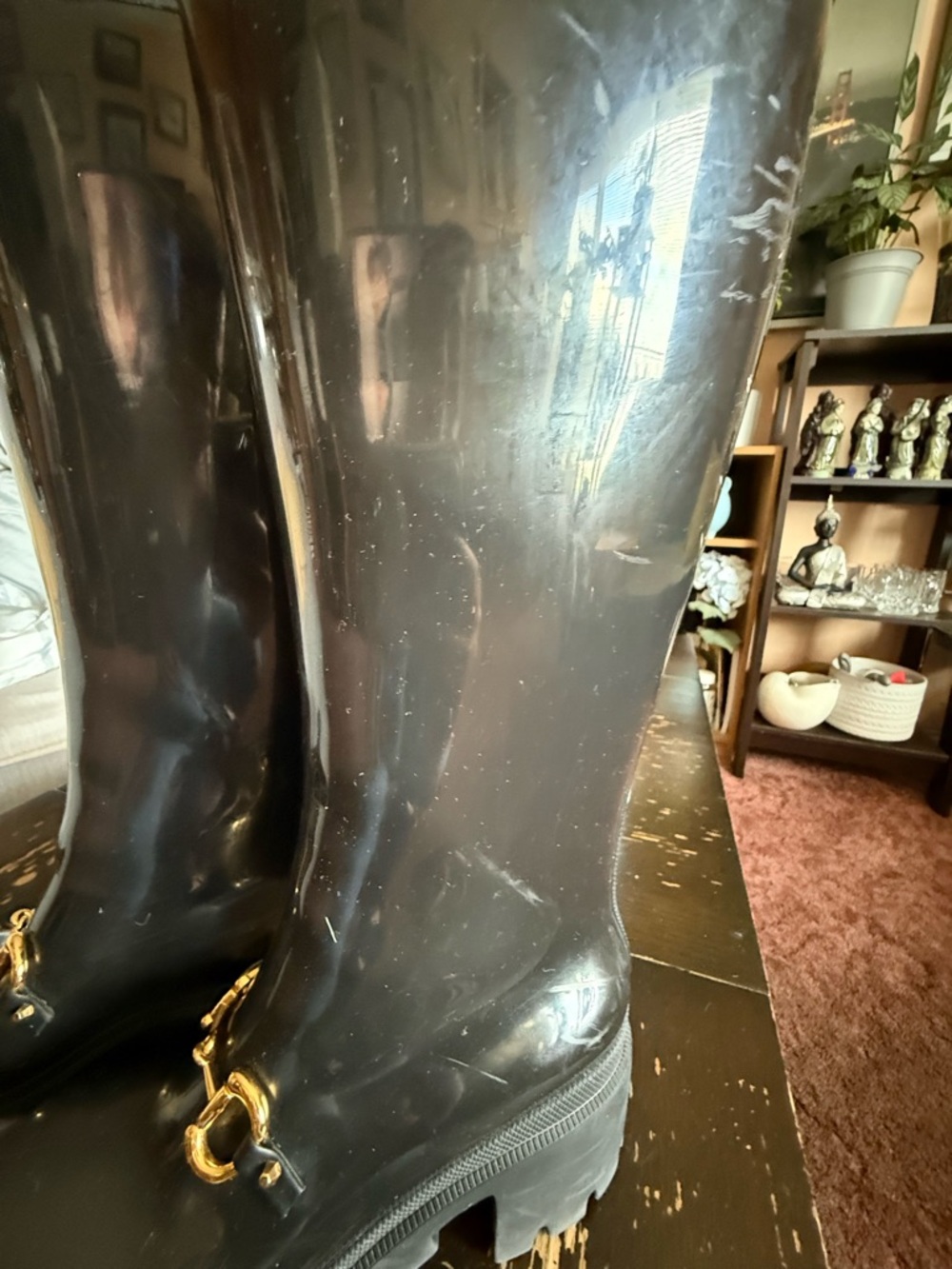 Gucci Black Glossy Tall Rain Boots with Gold Horsebit - Picture 3 of 9